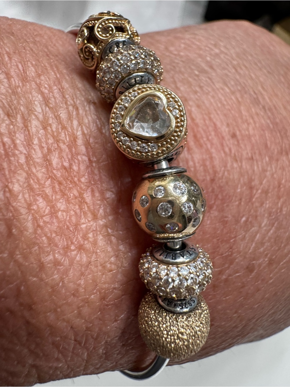 Retired Authentic Pandora Essence Open Bangle with 14k Gold & CZ Bead Charms